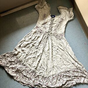 Coline Peasant Boho Dress Womens L Sage Stone Wash Embroidered Renaissance Fair